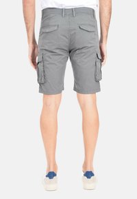 Pantaloni cargo grigi con due tasche laterali, due tasche posteriori e una vestibilità comoda. Realizzati in tessuto leggero. Indossati con sneakers grigie e blu.