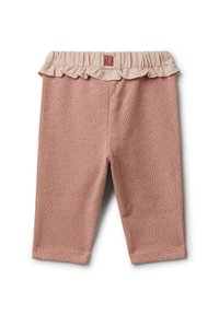 Roze peuterleggingen met witte stippen en een zachte, gerimpelde elastische tailleband, plat gelegd op een witte achtergrond.