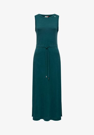Turkusowa maxi sukienka bez rękawów wykonana z miękkiego materiału, z wiązaniem w talii, bocznymi rozporkami i subtelnymi detalami przy dekolcie.