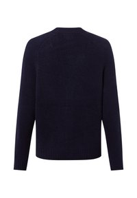 Granatowy sweter z dzianiny z okrągłym dekoltem i ściągaczem. Posiada długie rękawy oraz gładką fakturę w jednolitym wzorze.