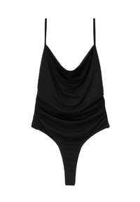 Costum de baie negru, din material ușor; are decolteu rotund, bretele ajustabile și detalii pliate la talie.