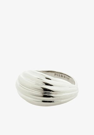 Silver-colored ring with a wavy, sculpted design. Smooth surface with alternating polished and matte sections. Inscribed "PILGRIM" inside.