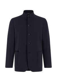 Marineblaue Jacke mit Stehkragen, fünf schwarzen Knöpfen und zwei Vordertaschen. Glatter Stoff mit minimalistischem Design, keine sichtbaren Muster.