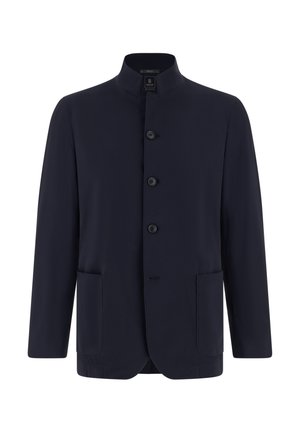 Marineblaue Jacke mit Stehkragen, fünf schwarzen Knöpfen und zwei Vordertaschen. Glatter Stoff mit minimalistischem Design, keine sichtbaren Muster.