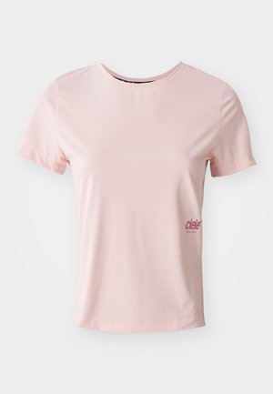 Rosa Kurzarm-Sport-T-Shirt aus glattem Stoff mit rundem Ausschnitt. Mit einem kleinen Logo auf der linken Seite in dunklerem Rosa.