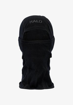 Schwarze Balaclava mit "HALO"-Logo an der Oberseite, die einen engen Sitz und eine weiche Textur zeigt, entworfen für Wärme und Schutz bei Outdoor-Aktivitäten.