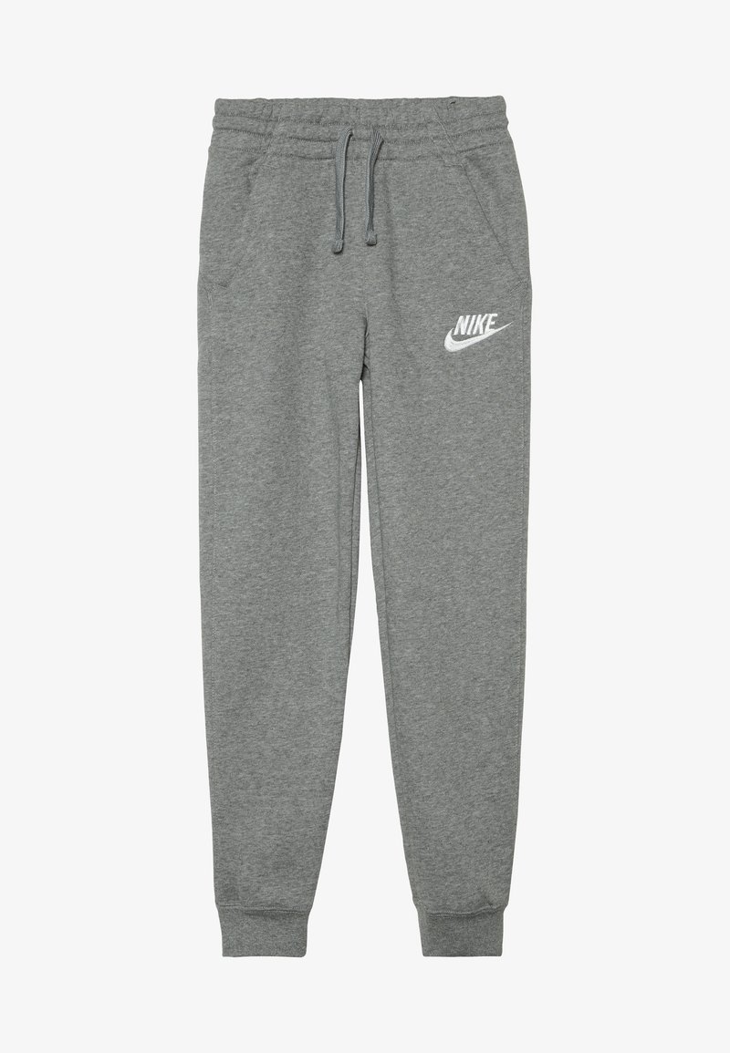 Nike graue Jogginghose aus weichem Stoff mit elastischem Bund, Kordelzug, seitlichen Taschen und einem weißen Logo am linken Oberschenkel.