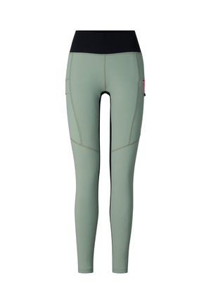 Light green fitted athletic leggings with a high black waistband and side pockets, shown from the front on a white background.