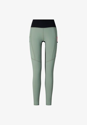 Light green fitted athletic leggings with a high black waistband and side pockets, shown from the front on a white background.
