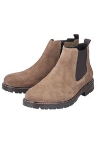 Bottines Chelsea en daim marron avec des panneaux latéraux élastiques, des semelles en caoutchouc et des détails de couture contrastés. Design classique hauteur de cheville.