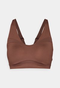 Smeđi seamless bralet s širokim trakama, okruglim izrezom i mekim teksturom. Ima prilagođeni dizajn i minimalne šavove.