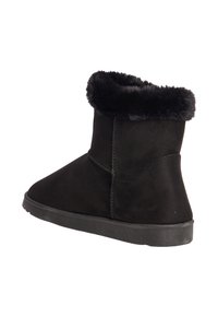 Botas negras hasta el tobillo de ante con un puño de pelaje sintético. Presentan una punta redondeada y una suela de goma texturizada. Diseño simplista sin adornos visibles.