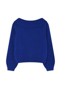 Blaues Sweatshirt mit geripptem Kragen, langen Ärmeln und gerippten Bündchen. Weiche Textur und croppte Optik, die die leuchtende Farbe und Struktur betont.