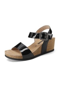 Sandali con zeppa in vernice nera, dotati di cinturino alla caviglia regolabile, soletta in sughero e footbed morbido. Presentano bande frontali larghe per maggiore comfort.