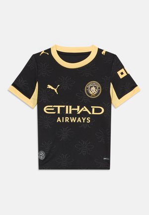 Μαύρη και κίτρινη φανέλα ποδοσφαίρου της Manchester City με σχέδιο μέλισσας, λογότυπο Etihad Airways, λογότυπα Puma και το σήμα του συλλόγου στο στήθος.