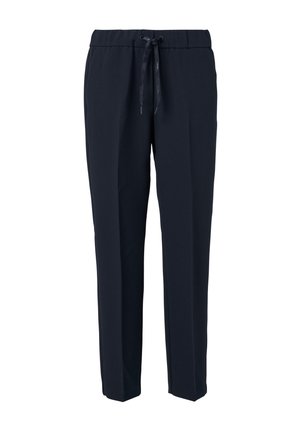 Navyblauwe broek met een verstelbare tailleband, taps toelopend ontwerp en een gladde textuur. Geschikt voor casual of semi-formele gelegenheid.