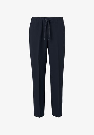 Navyblauwe broek met een verstelbare tailleband, taps toelopend ontwerp en een gladde textuur. Geschikt voor casual of semi-formele gelegenheid.