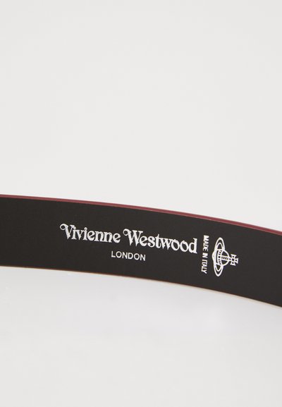 Black leather band with embossed silver text "Vivienne Westwood LONDON" and "MADE IN ITALY" along the interior. Smooth texture.