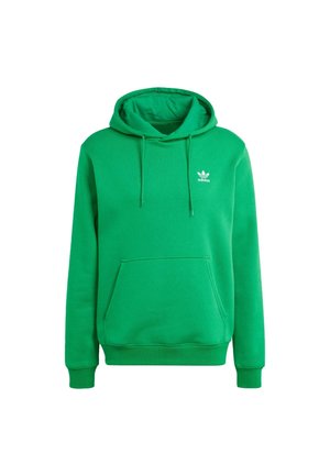Grüner Adidas-Hoodie mit Fronttasche, Kordelzugkapuze, gerippten Bündchen und kleinem weißen Adidas-Logo auf der linken Brust.