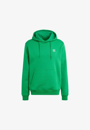 Grøn Adidas hættetrøje med frontlomme, snøre i hætten, ribstrikkede manchetter og lille hvid Adidas-logo på venstre side af brystet.