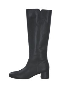 Black knee-high boot made of smooth leather, featuring a block heel and a rounded toe, with a simple, unembellished design.