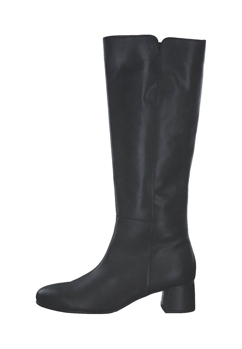 Black knee-high boot made of smooth leather, featuring a block heel and a rounded toe, with a simple, unembellished design.