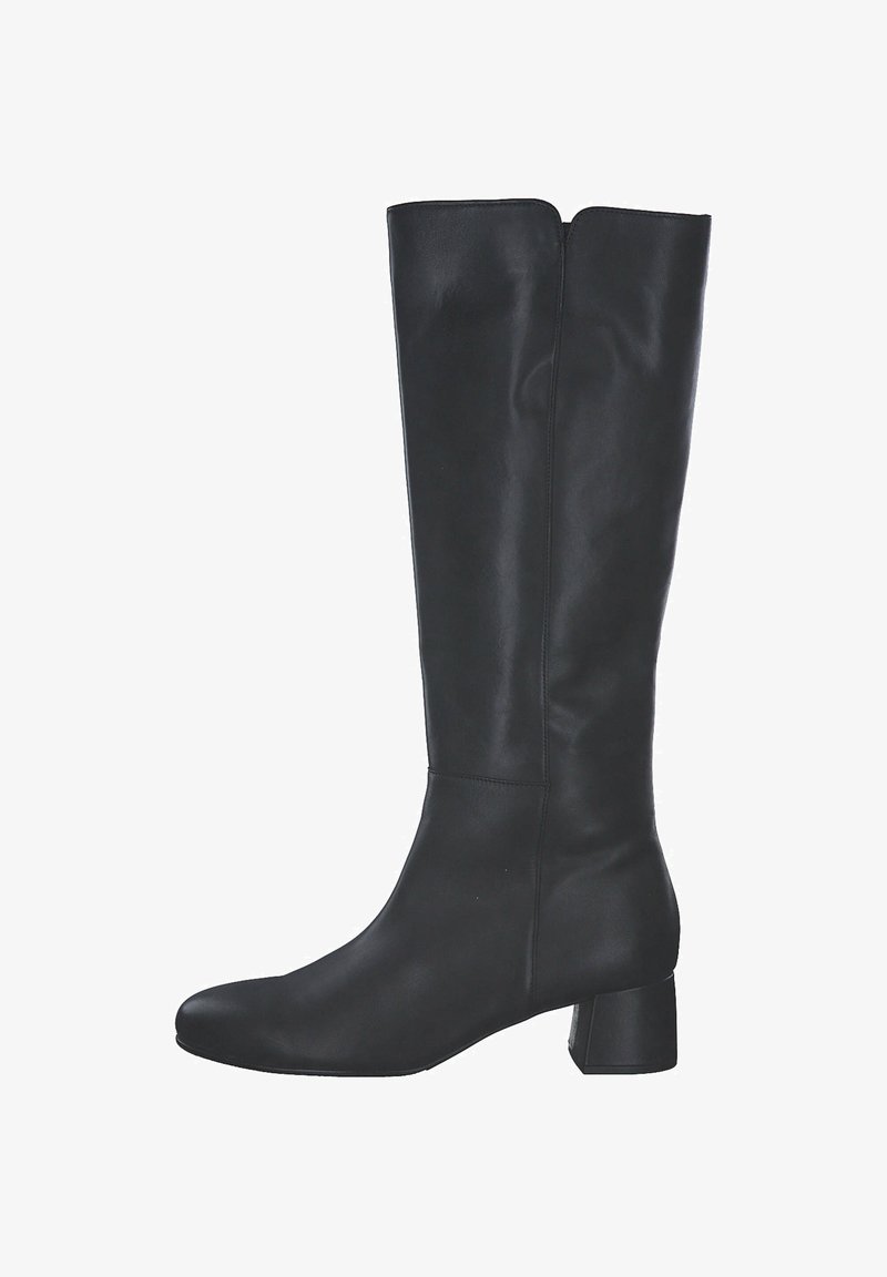 Black knee-high boot made of smooth leather, featuring a block heel and a rounded toe, with a simple, unembellished design.