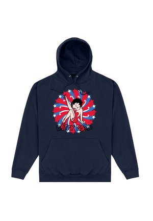 Marine hoodie med et Betty Boop grafisk motiv i rød, sort og hvid, sat mod en baggrund med stjerne mønster i rød og blå.