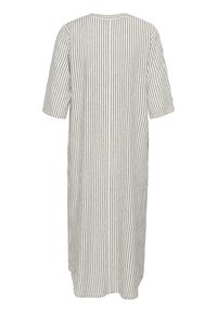 Robe blanche longueur genou avec fines rayures noires verticales et manches au coude, vue de dos sur fond blanc.