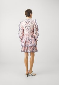 Rosa gemustertes Kleid mit blauen Spitze-Verzierungen, rüschigen Ärmeln und einem ausgestellten Rock. Getragen mit silbernen offenen Schuhen.