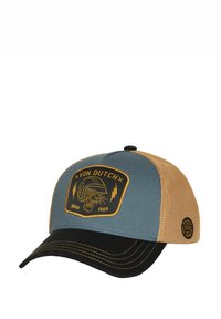 Gorra trucker con parte frontal azul, visera negra y malla trasera en color marrón claro. Presenta un parche redondo con un diseño gráfico y el texto "Von Dutch".