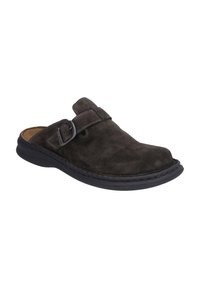 Dark brown suede clog with a rounded toe, single buckle strap, light stitching accents, and a black rubber sole. Comfortable slip-on design.