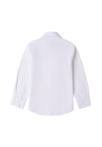 Camisa blanca de manga larga y botones vista desde atrás, con cuello y puños abotonados, de tela lisa, sin patrones ni logotipos.