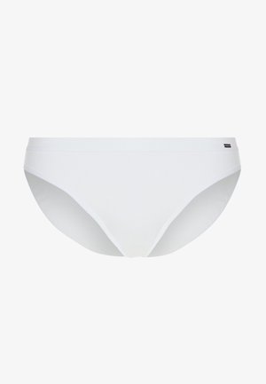 White cotton bikini briefs with a seamless design, elastic waistband, and subtle branding accent on the side. Smooth texture and fitted shape.