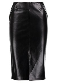 Svart läder pennkjol med en medellång längd, slät textur och en fram slits för flexibilitet, med skräddarsydd midja och sidsömmar.