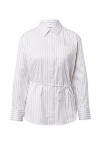 Biała koszula z długim rękawem, zapinana na guziki, z cienkimi, pionowymi złotymi paskami. Posiada kołnierzyk w kształcie ostrego kołnierza oraz ściągacz w talii do regulacji.