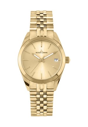 Goldfarbene Jacques Lemans Armbanduhr mit Metallgliederarmband, minimalistischem Zifferblatt, Datumsfenster bei 3 Uhr und drei weißen Zeigern, die 10:10:36 anzeigen.
