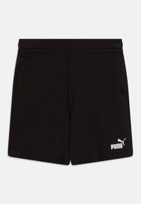 Shorts de sport noirs en tissu doux, dotés d'une taille élastique et de poches latérales. Logo Puma distinct en blanc sur le bas à gauche.