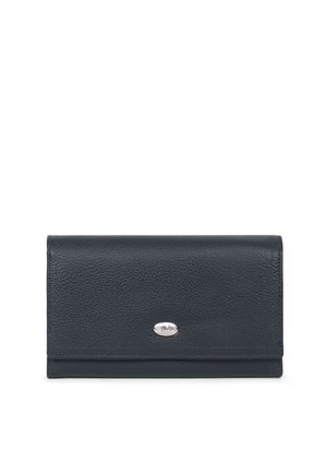 Portafoglio in pelle blu navy con superficie texturizzata, forma rettangolare, dettaglio in metallo argentato sul davanti e design pieghevole.