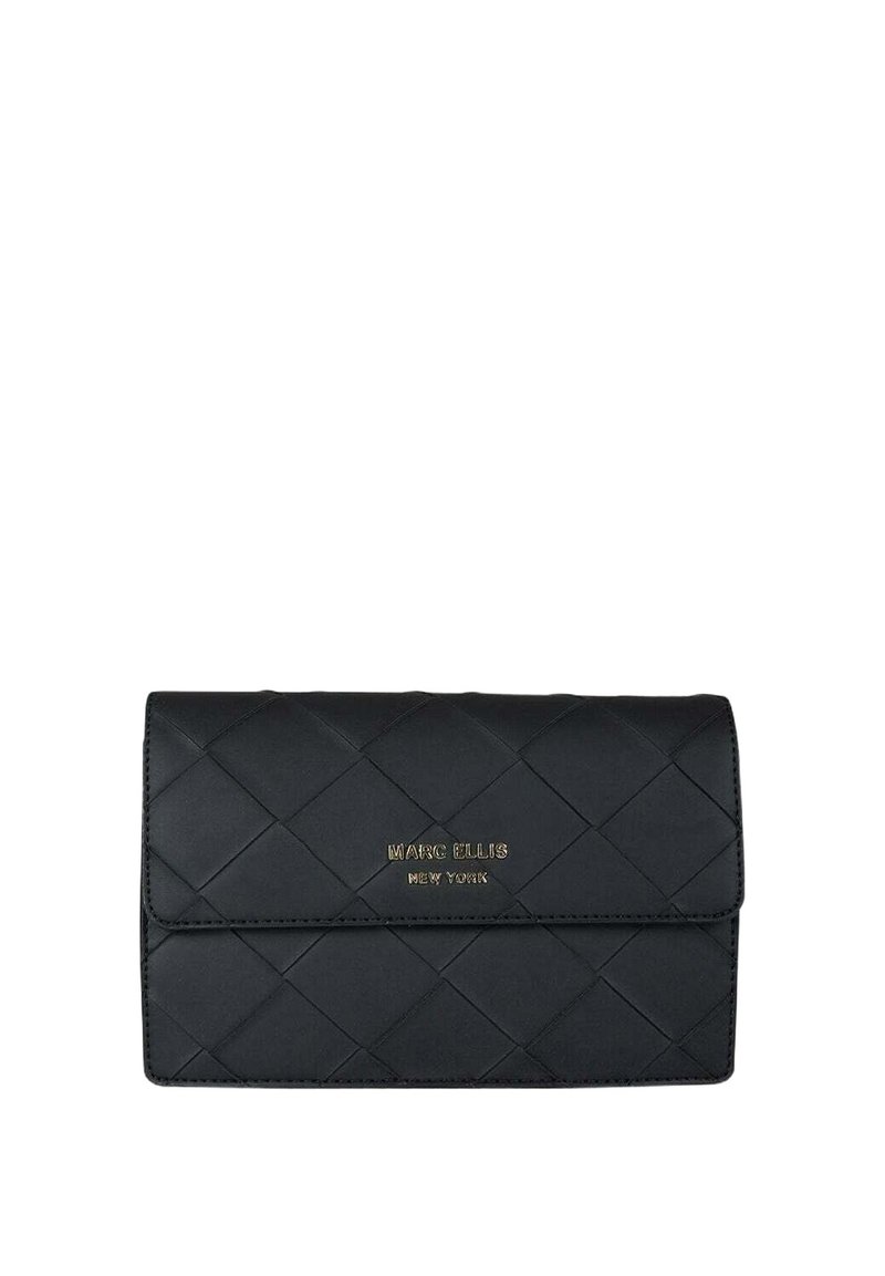 Portafoglio nero trapuntato in ecopelle con chiusura magnetica. Presenta il nome del marchio impresso in oro sul davanti. Forma rettangolare compatta.