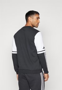 Zwart-witte sweatshirt met een ronde hals, lange mouwen en gestreepte detailing, met geborduurd logo op de linkermouw.
