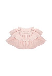Różowa warstwowa spódnica z teksturowanej tkaniny, z dużą kokardą w pasie i falującym dołem.