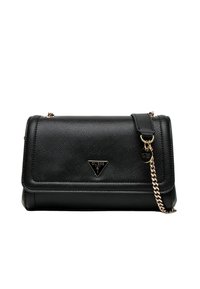Borsa a tracolla nera in pelle con una forma strutturata, finitura testurizzata, tracolla in catena color oro e emblema triangolare sul fronte.