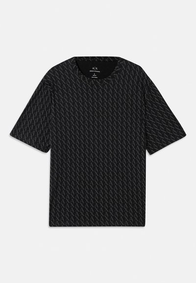 T-shirt noir avec un motif texturé de logos 'A' alternés, manches courtes et col rond. Fabriqué en tissu léger.