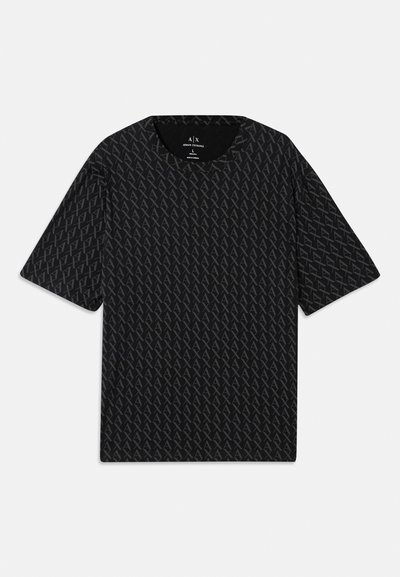 T-shirt noir avec un motif texturé de logos 'A' alternés, manches courtes et col rond. Fabriqué en tissu léger.