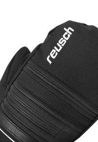 Gants synthétiques noirs avec des détails de prise texturée et des coutures blanches. La marque "reusch" est affichée en évidence. Idéal pour une utilisation par temps froid.