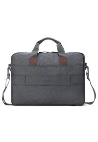 Bolsa de portátil de tela gris con doble asa superior y correa de hombro ajustable. Presenta acentos marrones texturizados y múltiples bolsillos exteriores.