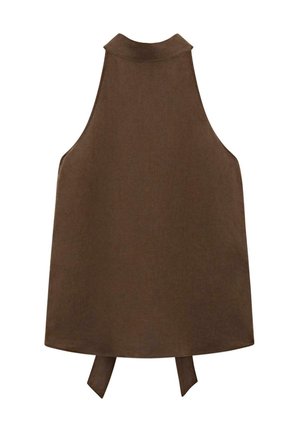 Brązowy top bez rękawów z wysokim kołnierzem i dwoma materiałowymi wiązaniami zwisającymi z tyłu.