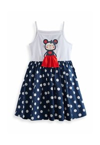 Robe sans manches avec un corsage blanc présentant un graphique de souris, des accents rouges et une jupe à pois bleus marine. Tissu en coton doux.