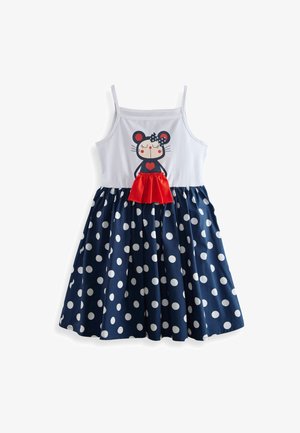 Ærmeløs kjole med en hvid overdel, der har et musedesign, røde detaljer og en marineblå polka dot nederdel. Blødt bomuldsstof.